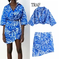 traf women two piece set za 2021 summer fashion print pleated short sleeve cropped blousehight waist casual ruched mini skirt