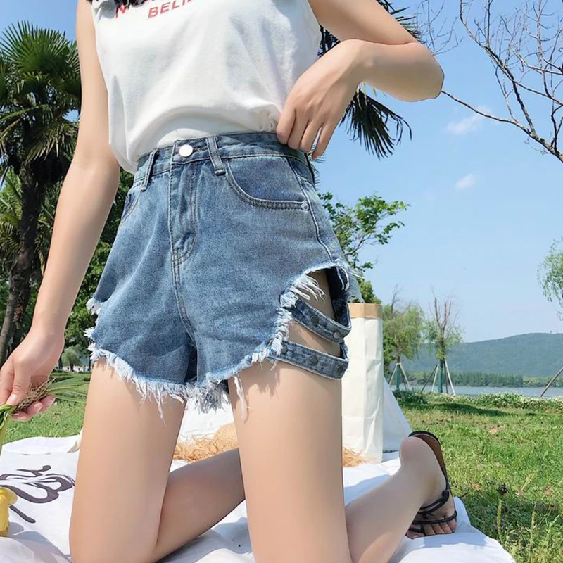 

High Waist Frayed Side Straps Denim Shorts Woman Fashion Loose Solid Shorts Woman's Korea Casual Black Shorts Women 2021