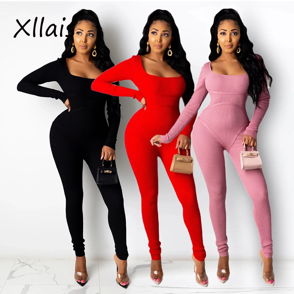 

Женский хлопковый комбинезон XLLAIS в рубчик, с длинным рукавом, осенняя одежда, повседневный комбинезон с квадратным вырезом, новый клубный н...