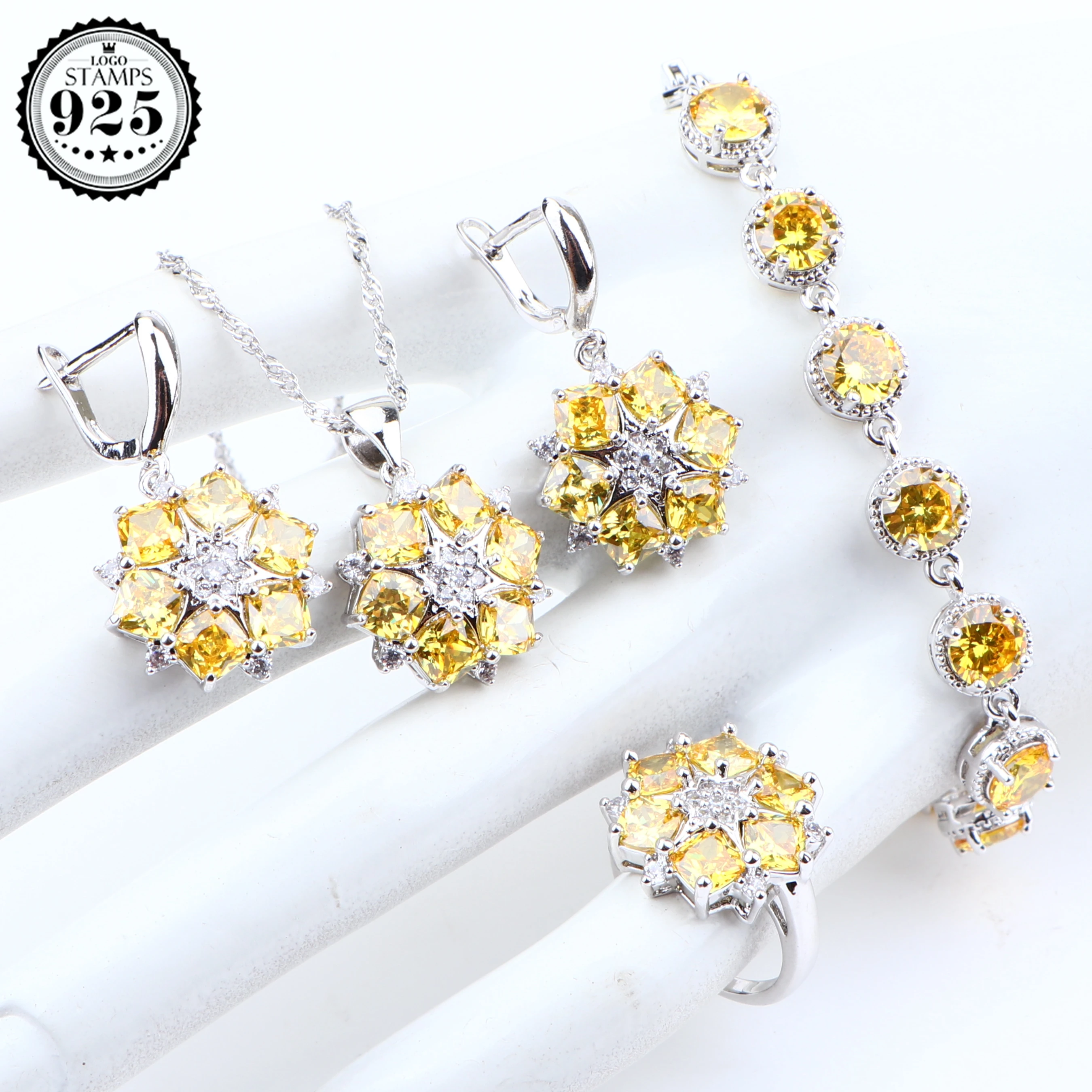 Набор свадебных украшений из серебра 925 пробы с желтым цирконием серьги камнями