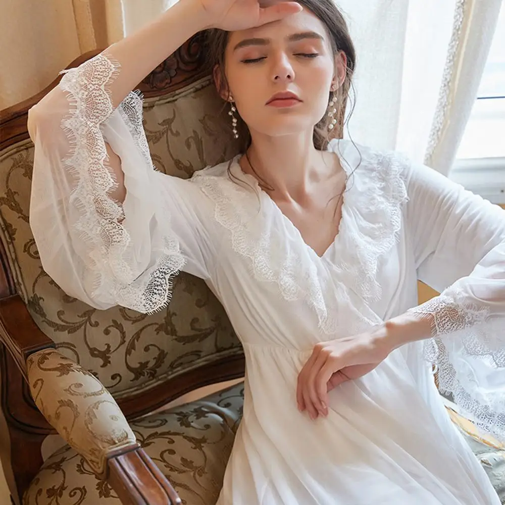 

Women Beautiful Nightgown Princess Long Sleeve Loose Cotton White Nightdress Long Sleeve Retro Palace Sweet Korean Sleeping Gown