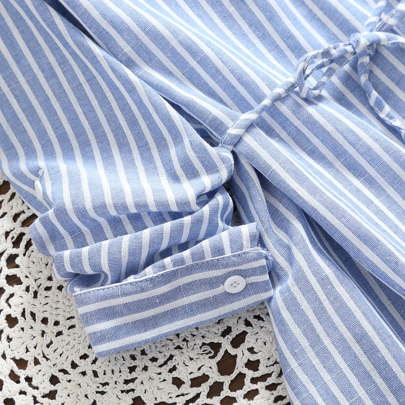 Женское платье рубашка весна осень повседневное в полоску хлопковое льняное