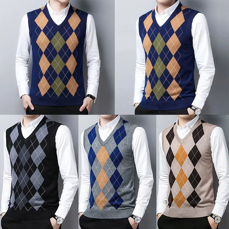 

Autumn New Fashion V-Neck Mens Pullover Vest Casual Sleeveless Sweater Knitted Tops Knitwear Men Top