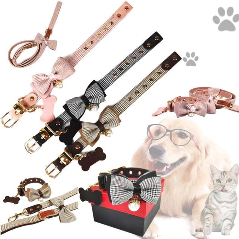

PU Leather Collar Set Suitable Small Medium Dogs Collars And Cat Collars Cute Butterfly Tie Adjustable Size Pet Collar And Leash