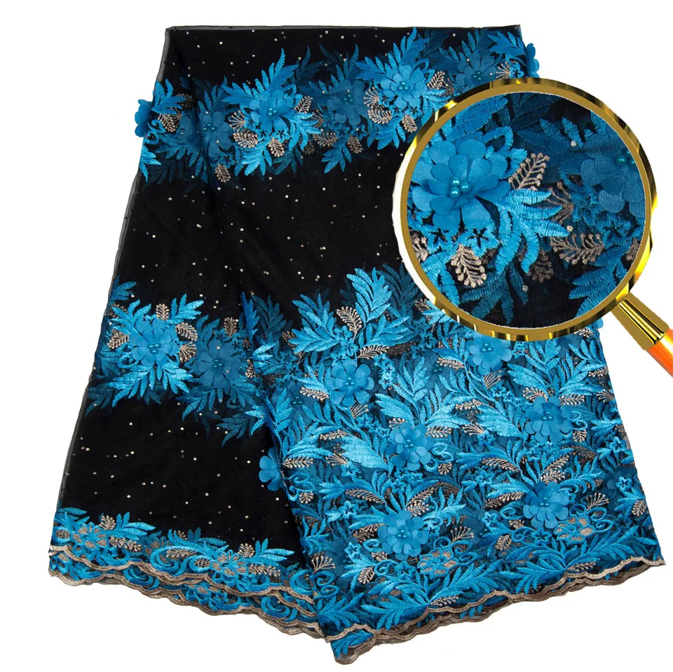 

Blue 3d Lace Fabric for Wedding Dresses 2018 New 5yard African Lace Fabric High Quality French Net Lace with 3d Flower ZJ112