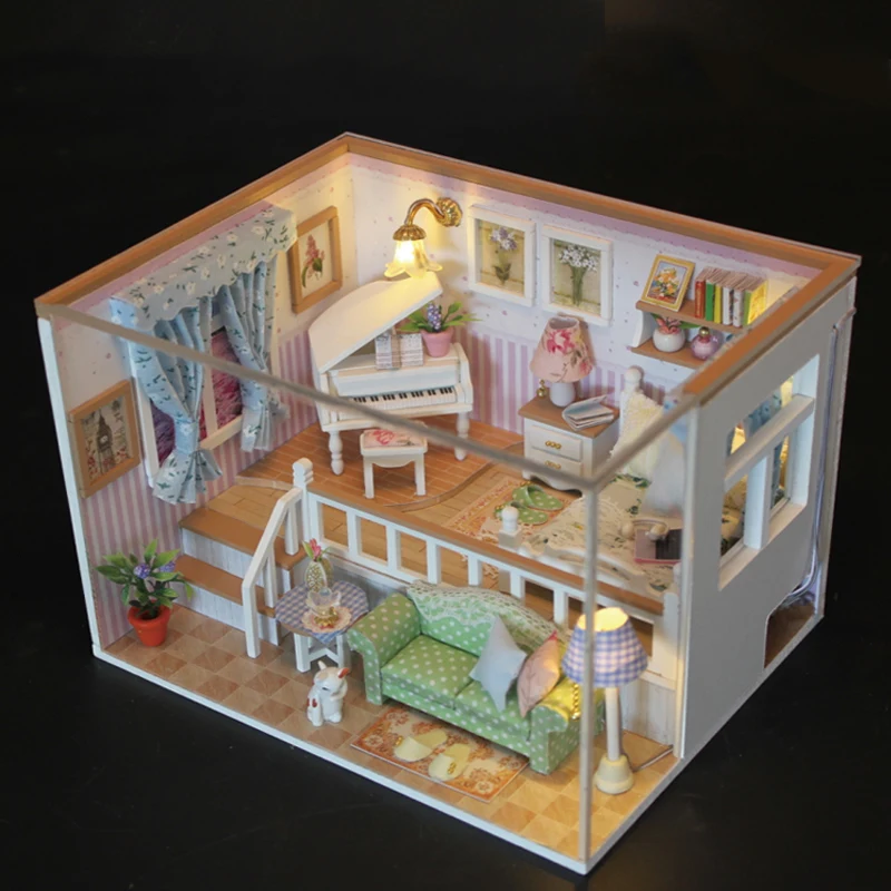 Элегантный DIY Миниатюрный Кукольный домик модель с мебелью LED 3D деревянные