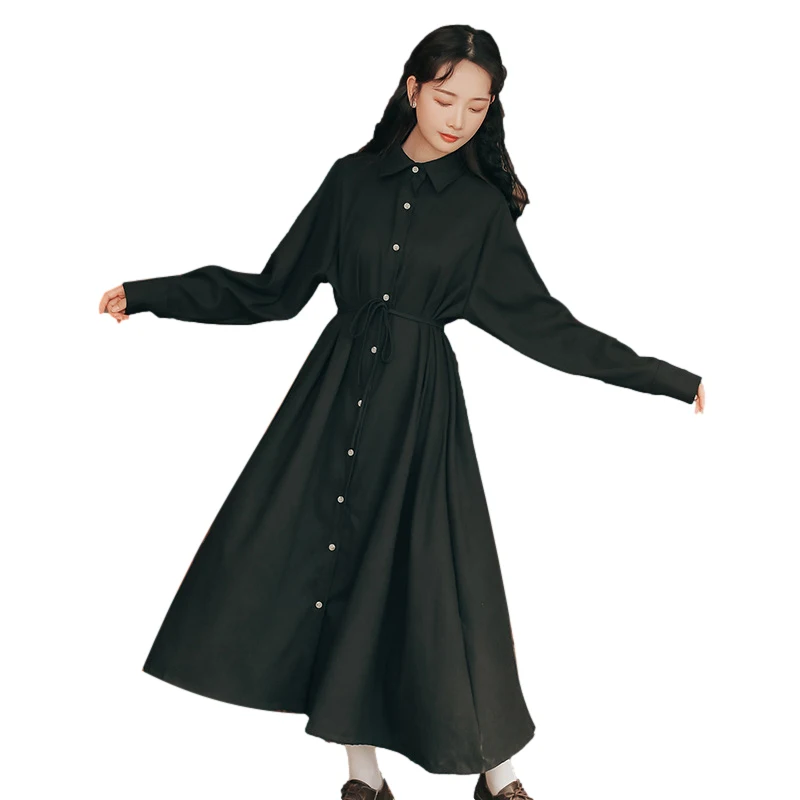 

Autumn Mori Girl Vintage Midi Dress Women Green Casual Retro Spring Chic Pink Long Sleeve Party Black Shirt Dresses Wrap Belt