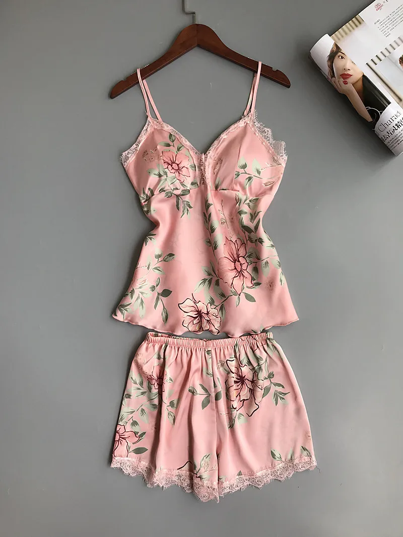 Новый женский Атласный Костюм для сна Весенняя кружевная Пижама с отделкой