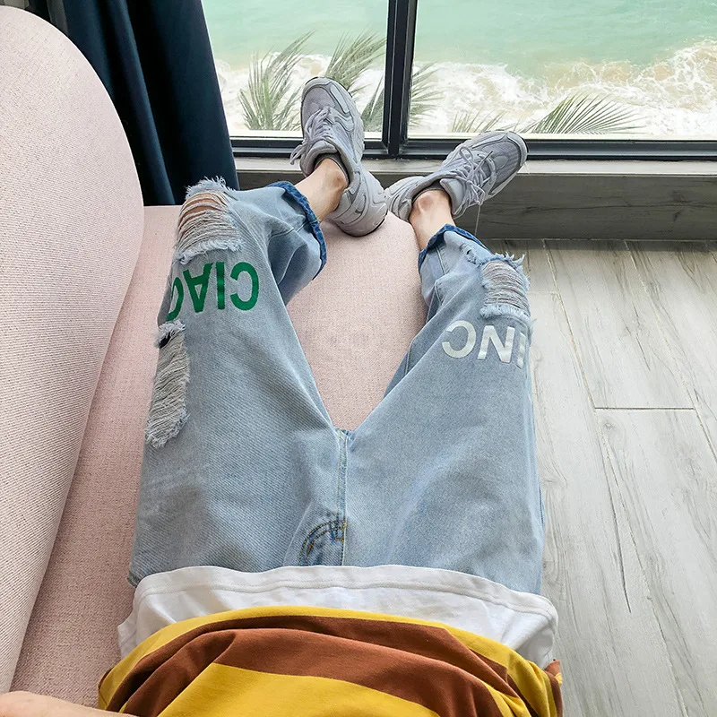 

Fashion 2021 Ripped jeans women's straight loose high-waisted thin summer thin small people beggar street teenager pencil pants