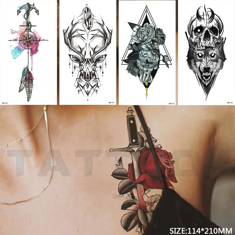 

Waterproof Temporary Tattoo Sticker Wolf Head Flowers Flash Tattoo Children Women Black Line Body Art Lifelike Fake Tattoo Men