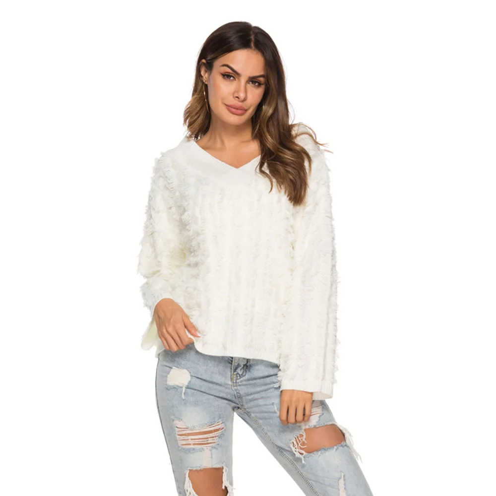 Autumn Winter Sweater Women 2019 Casual Solid Off Shoulder Oversized Tassel Loose V Neck Warm Pullover Knitted Sweaters | Женская одежда