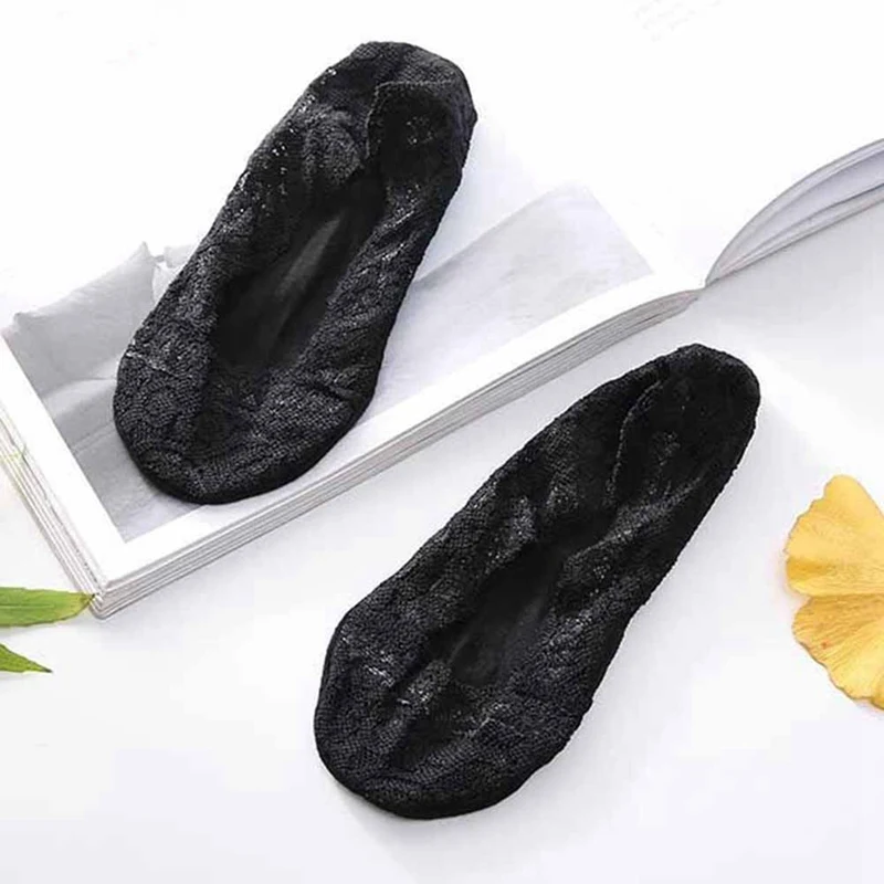 black 5 пар; сезон весна-лето; Невидимый Шелковый носок; шлепанцы; Нескользящие силиконовые женские шлепанцы с закрытым носком и кружевом - Цвет: black