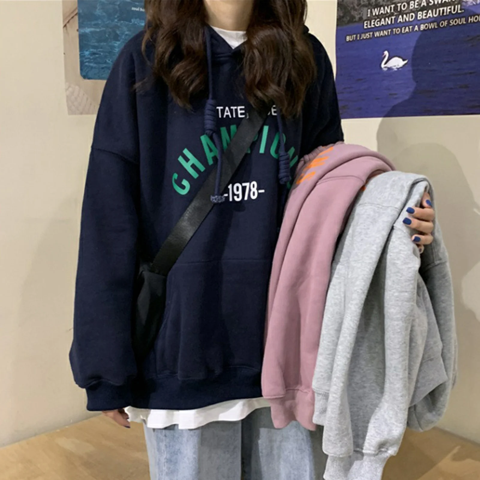 2020 Autumn Plush Pullovers Hoodies Women Warm Sweatshirt Letters Print Long Sleeve Female Womens Loose Casual Woman Tops