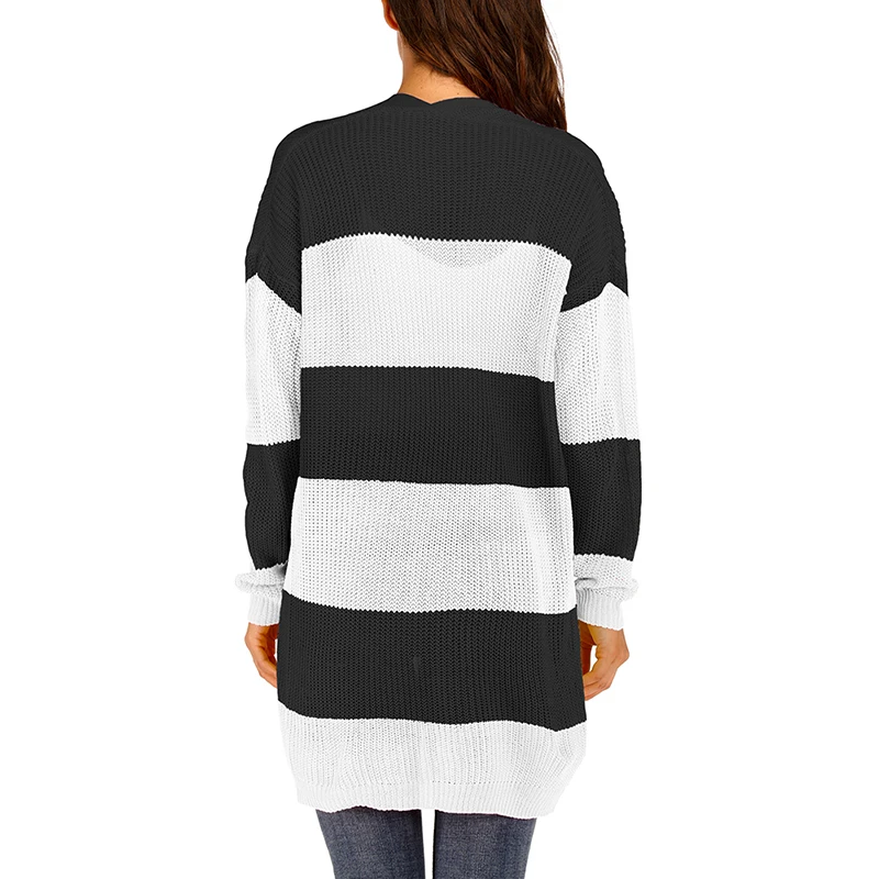 

Womens Long Loose Casual Pocket Commuter Striped Cardigan Sweater Black And White Coat M-3XL
