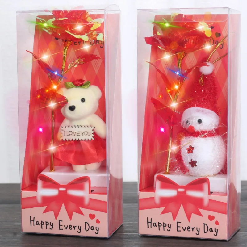 24K Gold Фольга роза цветок с длинным стеблем украшением в виде медведя