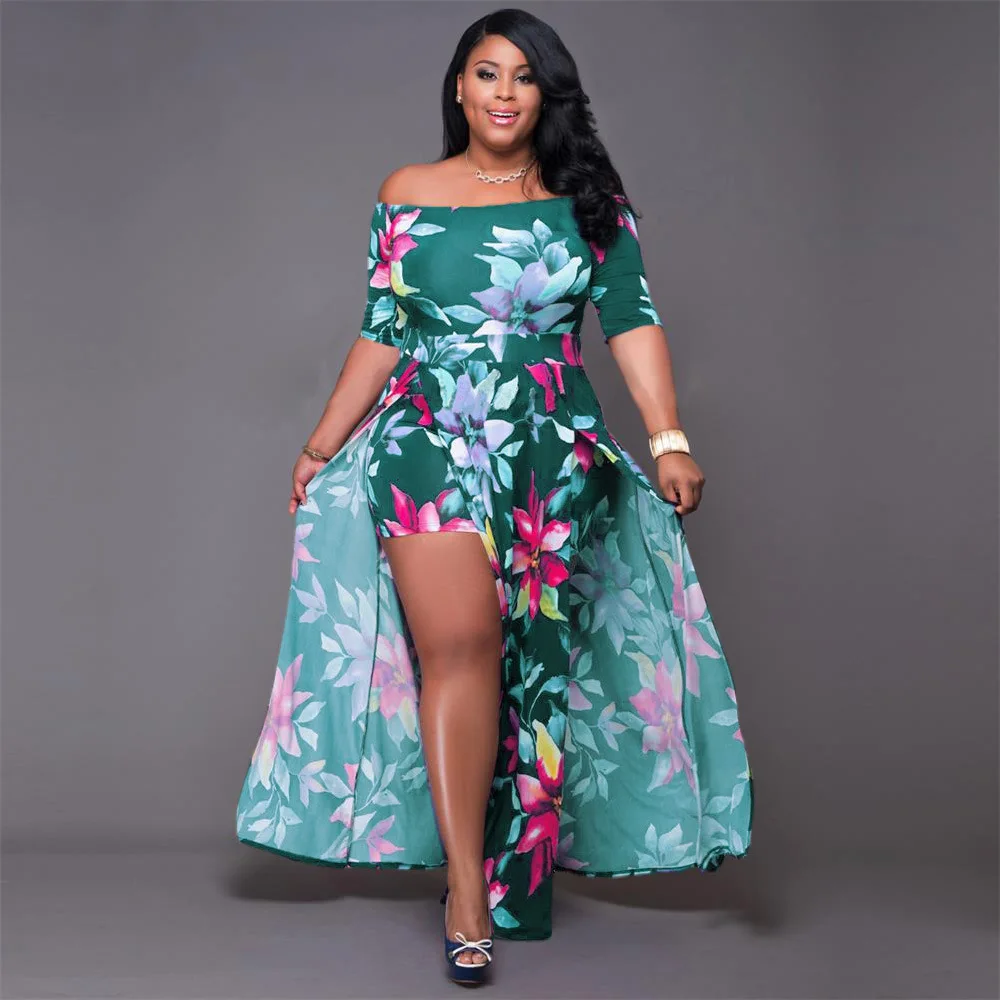 

Dress Women Plus Size Summer High Waist Off Shoulder Dresses Maxi Elegance Sexy Split Shorts Floral Dress Wholesale Dropshipping