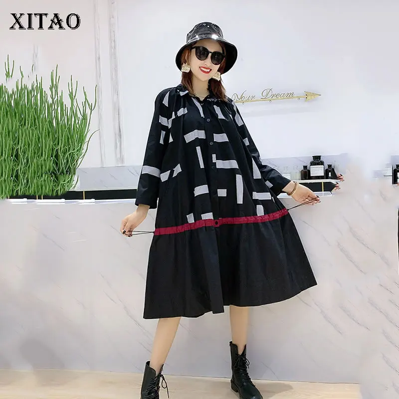 XITAO Черное женское платье большого размера с принтом женская одежда длинным