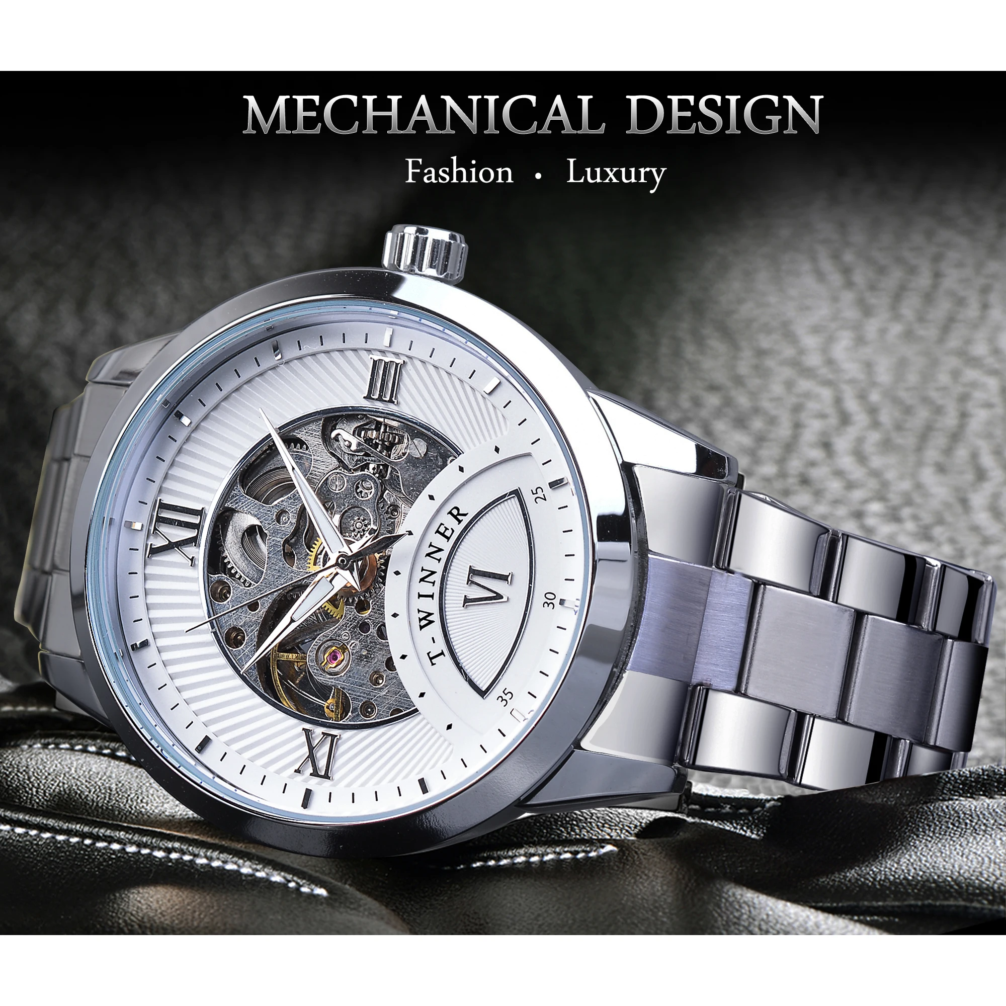 Часы Winner мужские серебристые стальные с римскими цифрами|Мужские механические