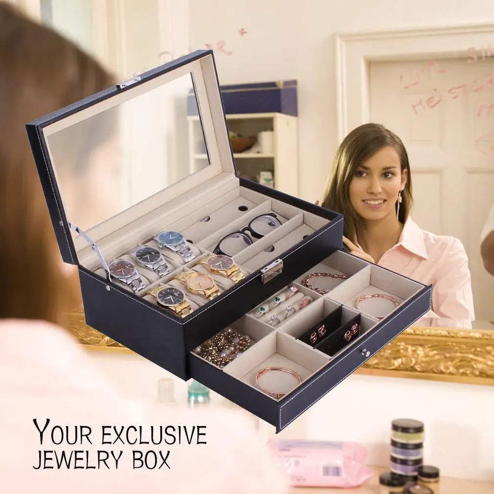 Double Layers Wooden Jewelry Sunglasses Watch Display Slot Case Box Container SL | Наручные часы