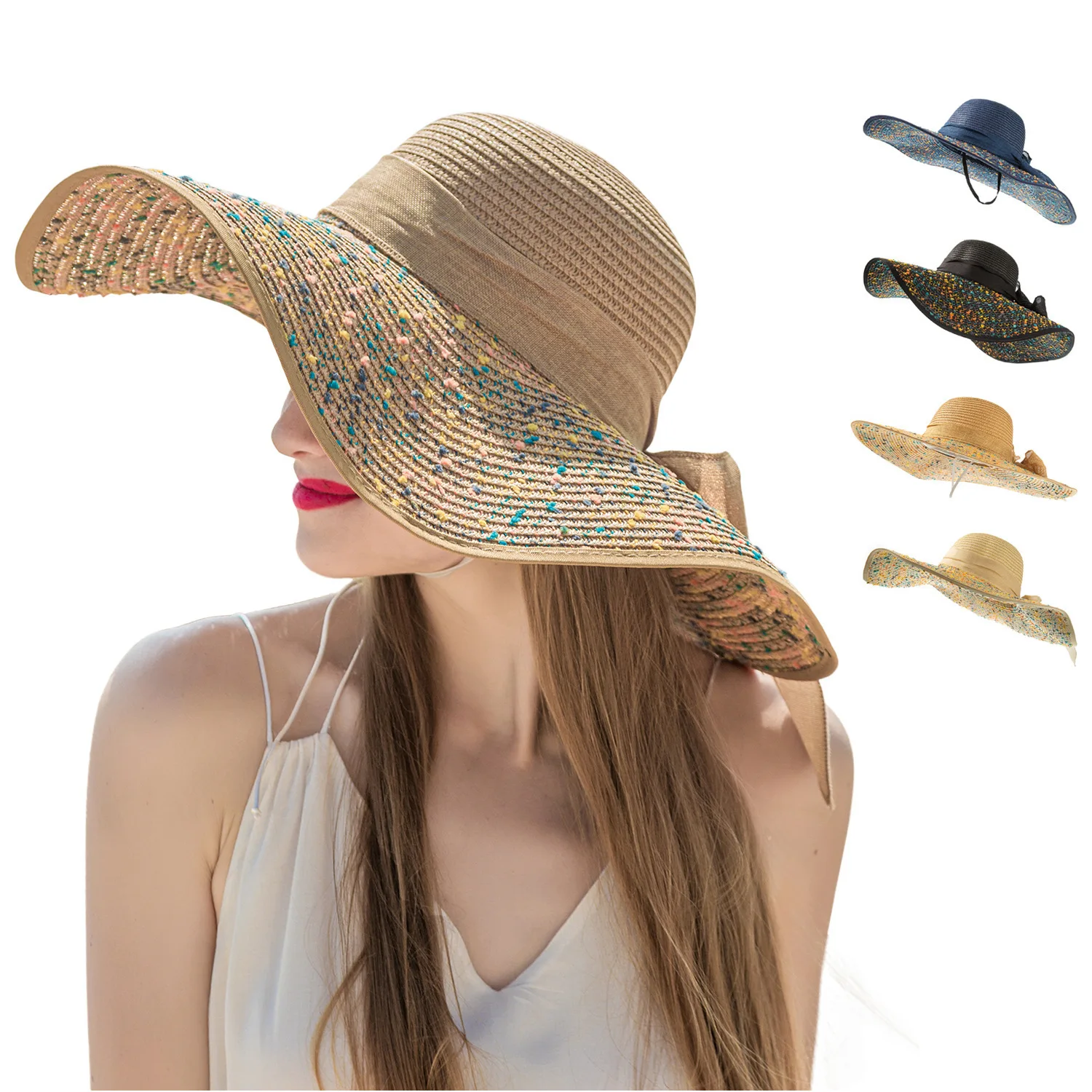 

New Boho style women's straw hat Women's beach hats with anti-sun exposure Straw cloth blend bow wide brim foldable straw hat