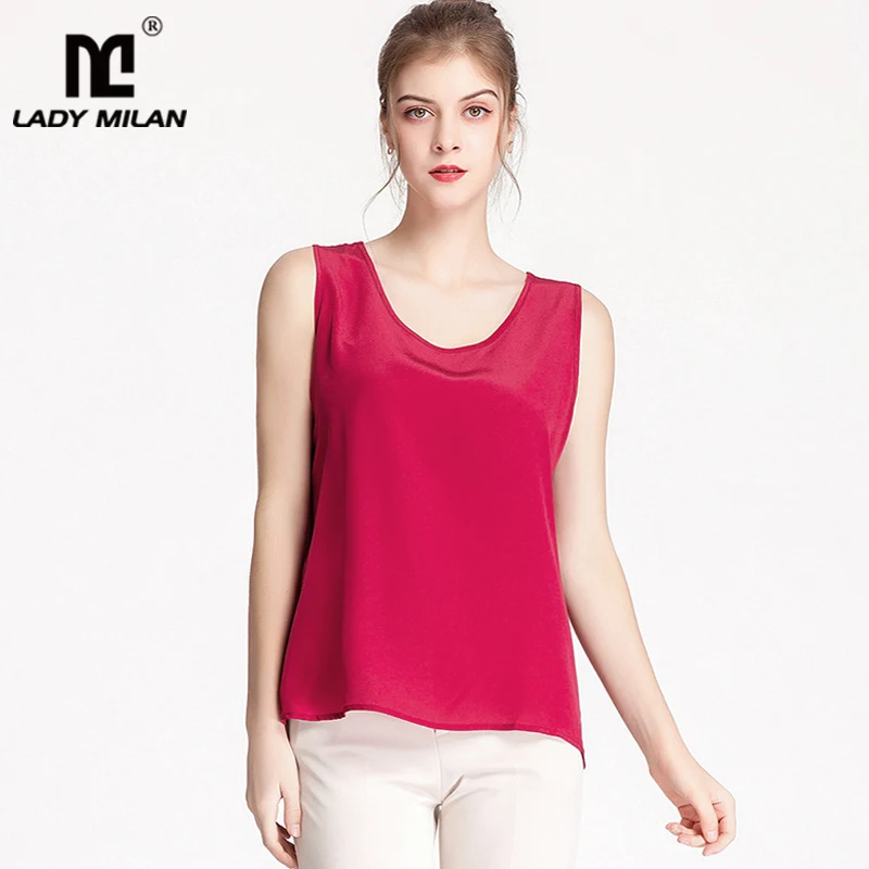 Женская модельная майка из 100% шелка модная прямая футболка без рукавов с круглым