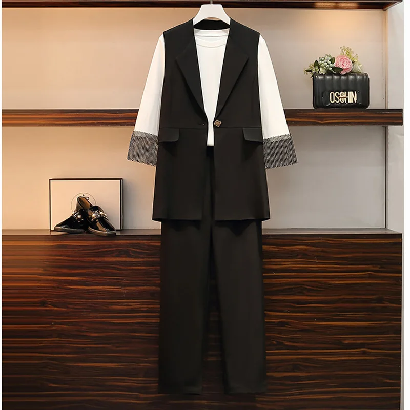 

plus size office ladies pant sets elegant women 2 piece set business workwear white T-shirt and vest and pants suits for womens