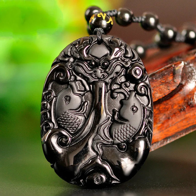 Натуральный черный обсидиан бусы ожерелье ручной работы Карп нефрит кулон Мода