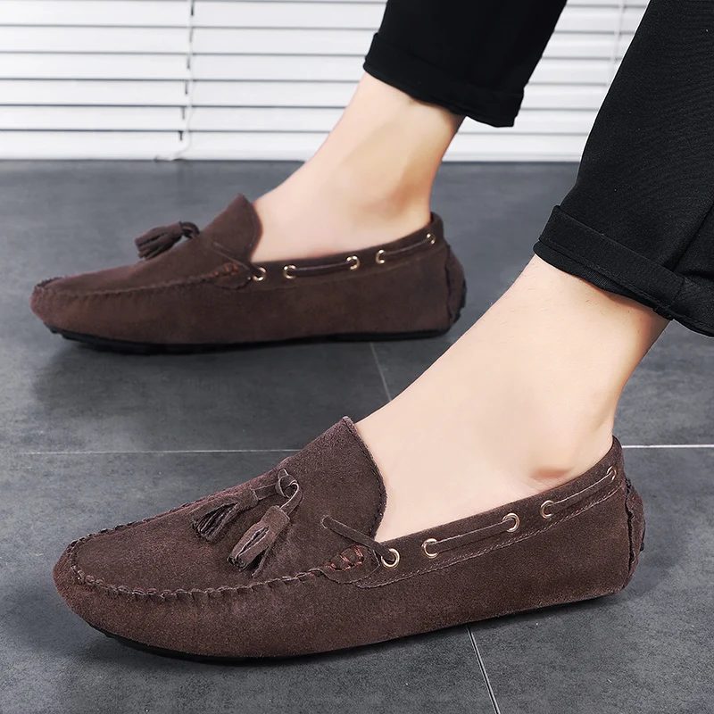 

cow suede leather shoes men loafers slip on calzado hombre mocasins luxury tassel party shoes buty meskie breathable zapato