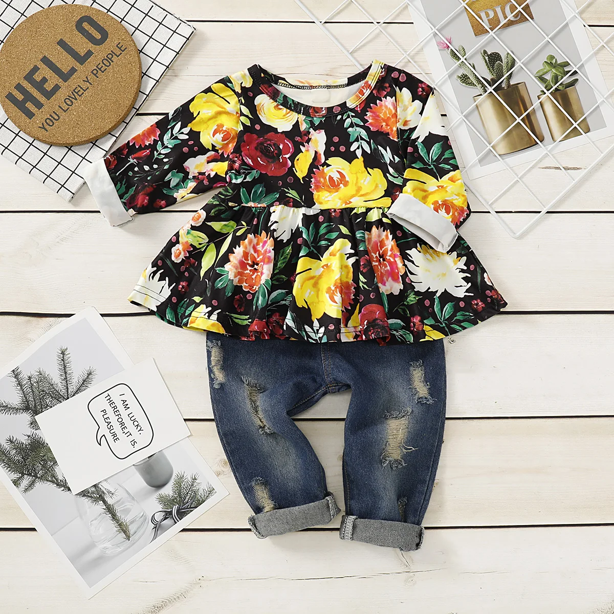 2pcs Kids Baby Girls Outfits Casual T-shirt Tops Long Ripped Pants Leggings Clothes Set Autumn floral sleeve clothing | Детская одежда