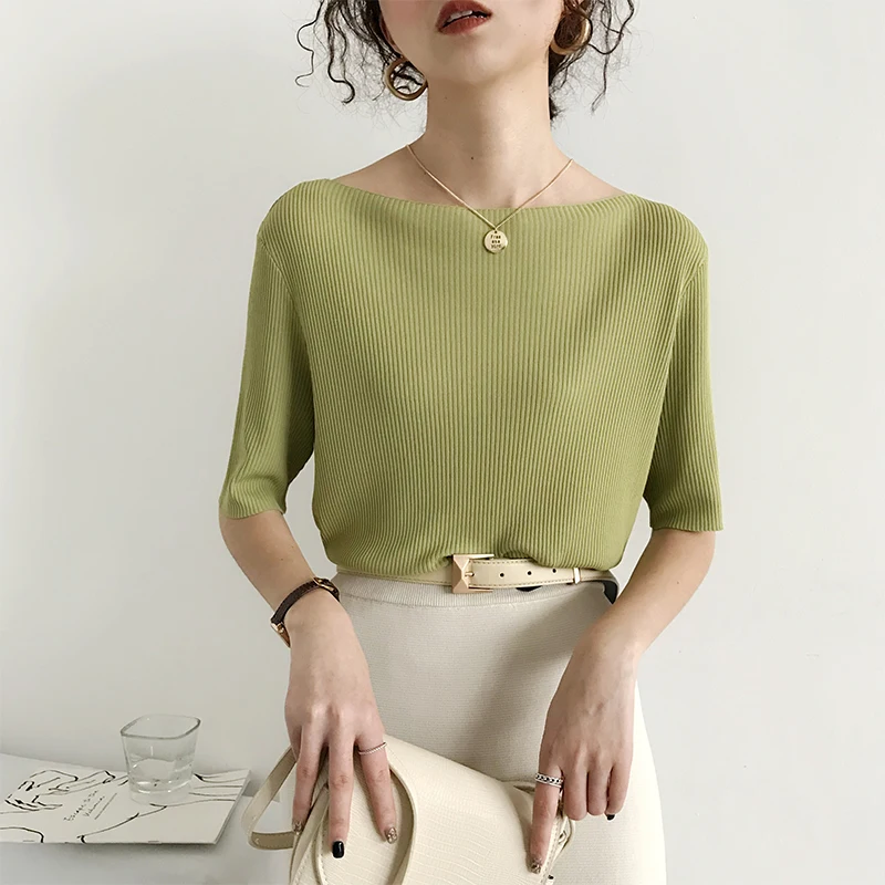 2021Summer Women Shirts Solid Slash Neck Casual Loose Ice Silk Sweater Female T-Shirt Half Sleeve Office Lady Tops | Женская одежда