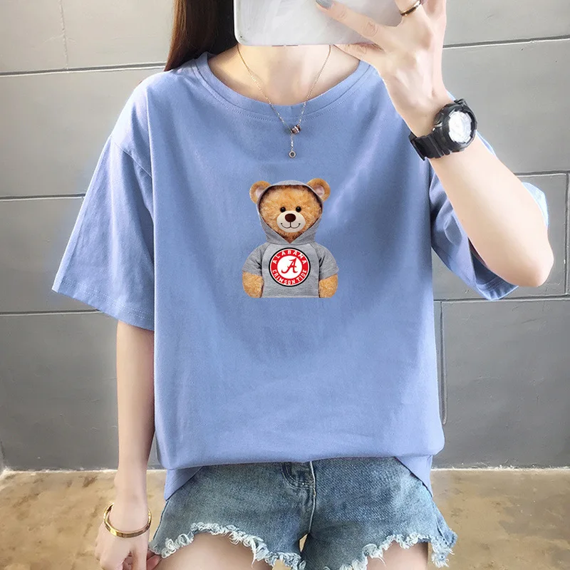 

Women's Sports T-shirt 2021 Summer New Loose Short Sleeved Cute Bear Patter Casual Bottom T-Shirt Plus Size M-2XL Wholesales