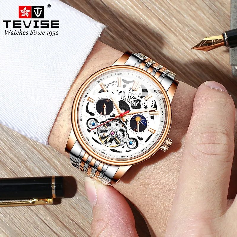 

Tevise Fashion Luxury Brand Men's Moon Phase Automatic Watch Men's Stainless Steel Skeleton Mechanical Watch Relogio Masculino