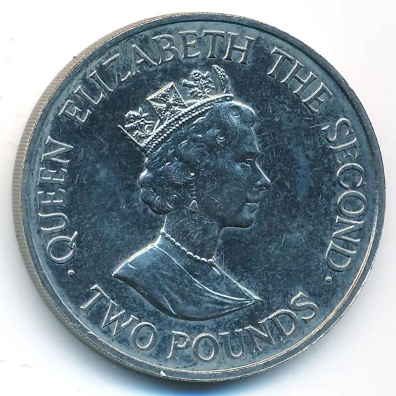 Гернси 2 фунта 1989 г. Визит Королевы Елизаветы II. Королевская яхта Britannia. Корабль.