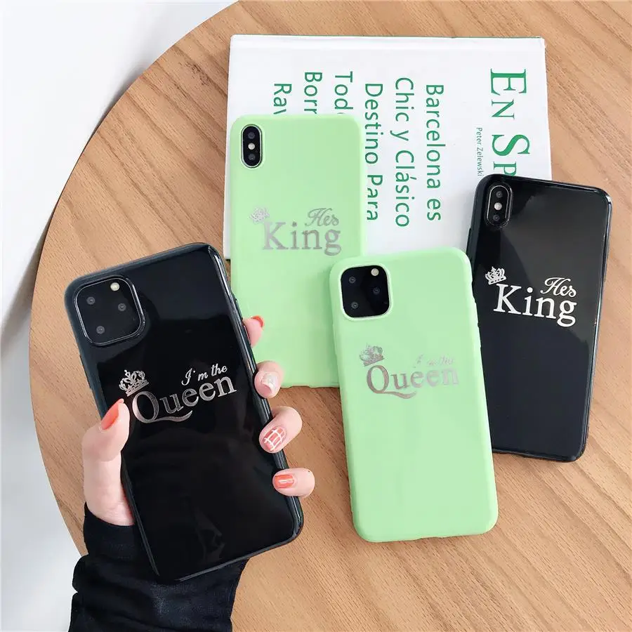 Роскошный чехол для пары для iPhone 6, 6s, 7, 8 Plus, глянцевая корона, король, королева, буквы, мягкий ТПУ чехол для iPhone X, XS, чехол для MAX XR Capa