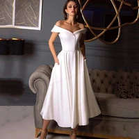 short weddding dresses 2021 simple boat neck off the shoulder satin a line tea length bridal gown vestidos de novia custom made