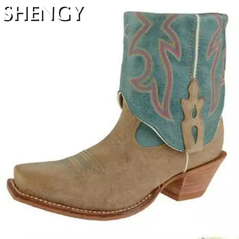 

Males Boots Hoof Heels Mid-Calf Slip-On Flower Print Hiking Outdoor Women Shoes Round Toe Sewing Patchwork Ladies Western Boots