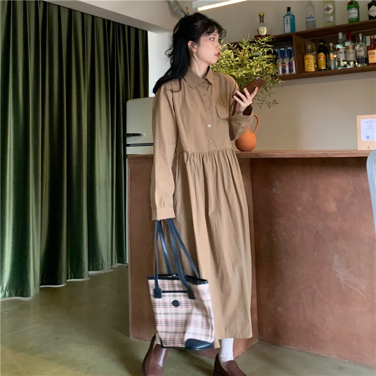 Женское однобортное платье-рубашка повседневное свободное платье с длинным