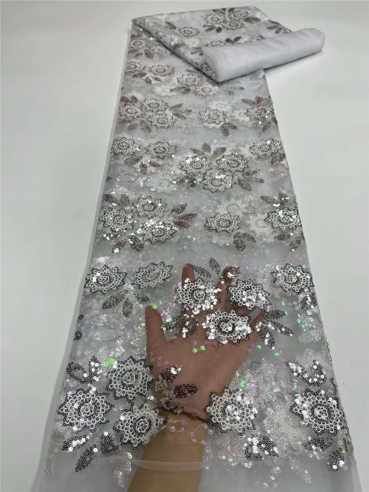 

High Quality Lace Sequins French Net Lace Tulle Mesh Fabrics White Lace sequins Wedding Fabrics FYU47