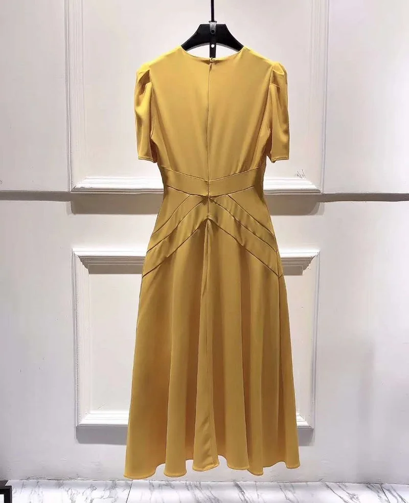 

Women Dress Elegant 2021 Summer Business Inspired Women V-Neck V Cut Waist Short Sleeve Mid-Calf Black Grey Yellow Office Dress