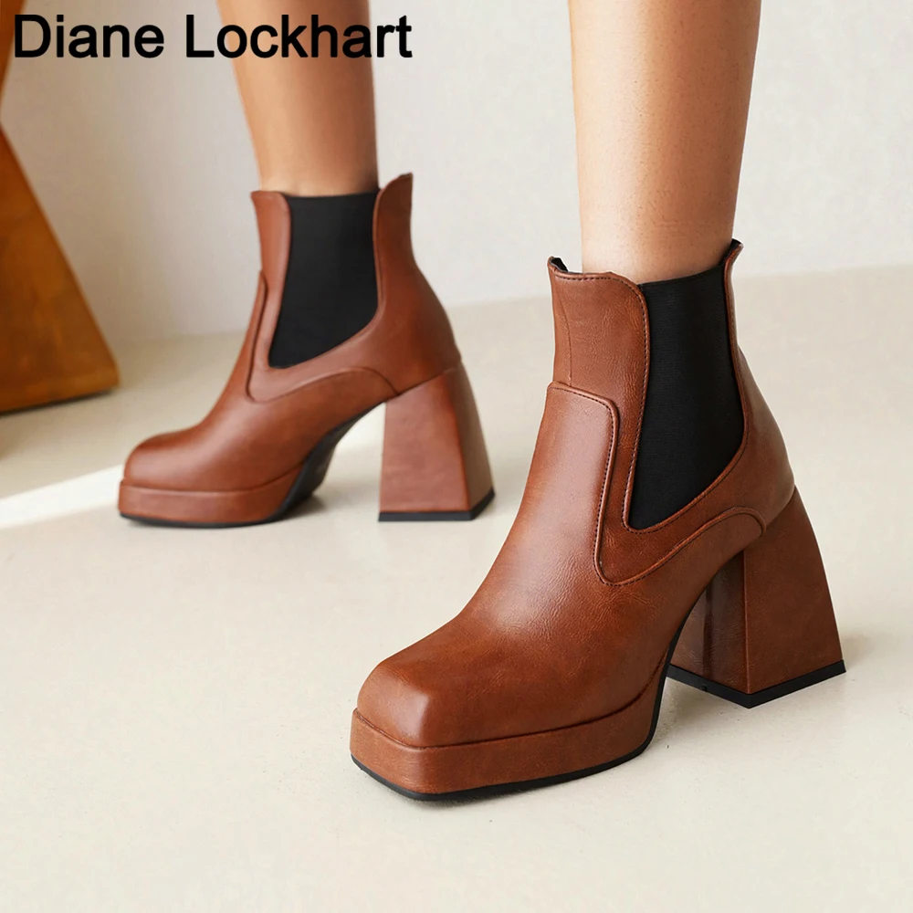 

Punk Style Autumn Winter Boots Elastic Microfiber Shoes Woman Ankle Boots High Heels Black Thick Platform Short Boot Chaussures