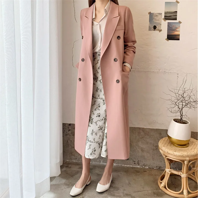 

Korean women blazer Double breasted Pink Blazer Women's long blazer Coat Blazer Suits Women's Straight Blazer feminino jacket