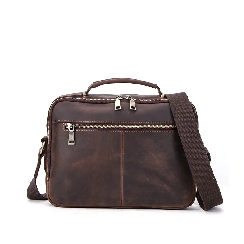 Contacts genuine crazy horse leather vintage Men Briefcase for ipad 9.7inch retro zipper male handbag shoulder bag messenger bag