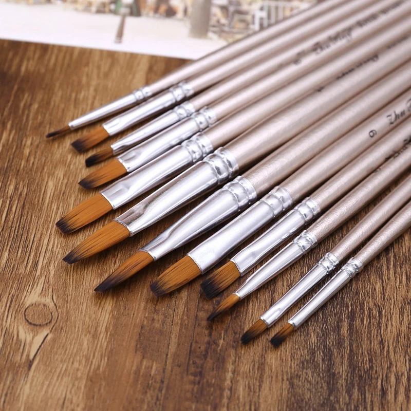 

12pcs/set Watercolor Gouache Paint Brushes Wooden Handle Nylon Hair Painting Brush Drawing Art Supplies