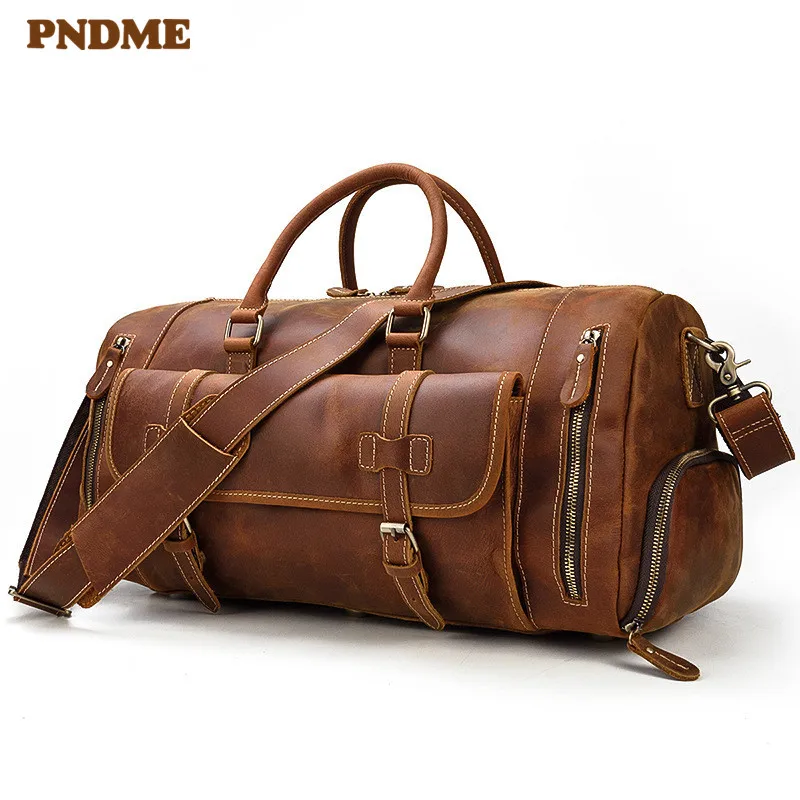 Vintage crazy horse cowhide men's large-capacity travel handbag high-quality natural genuine leather weekend outdoor luggage bag