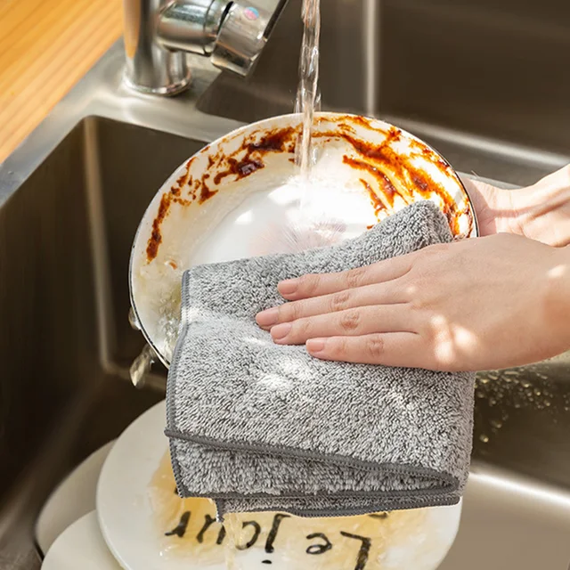 2 Pcs Bamboo Kitchen Towel Microfiber Dishcloth Highly Absorbent Grey Square Cleaning Cloth For Kitchen