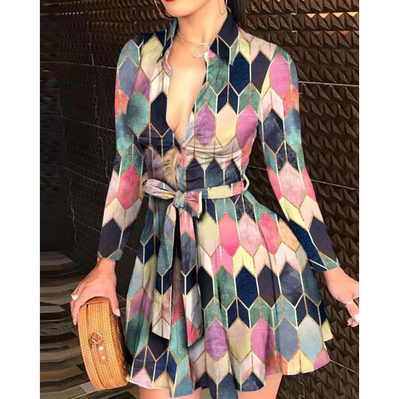 

Long Sleeve Turn Down Collar Print Dress Spring Autumn Fashion 2021 Bandage A Line Slim Waist Vintage Clothes Bodycon SJ8115C