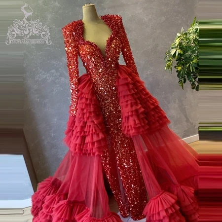 

Роскошное красное вечернее платье с бисером, блестками, кружевом и юбкой-годе, блестящее женское платье с пышными тюлевыми стразами и шлейф...