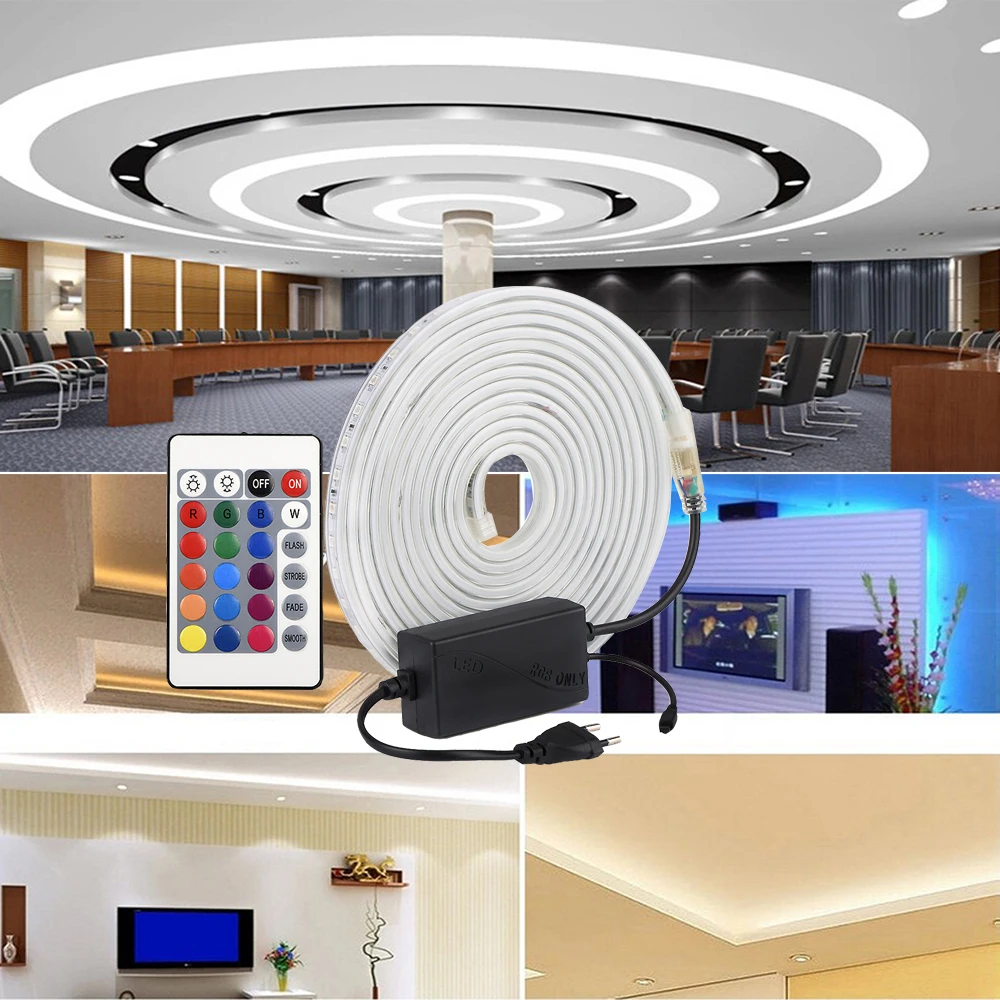 

AC220V LED Strip SMD 5050 Flexible Light Waterproof Led Tape LED Light With Power Plug RGB with Remote Dimmable LED Light Strip