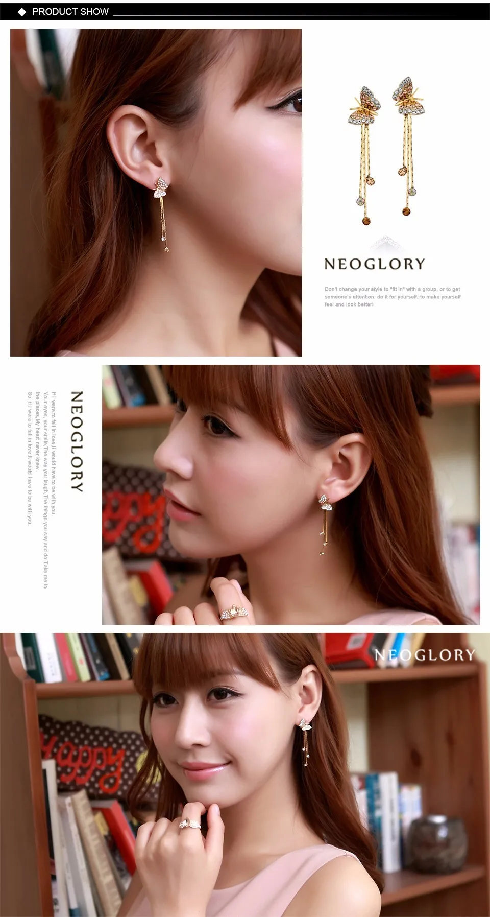 Neoglory длинные висячие серьги с бабочкой для подружки невесты, подростковый стиль, новинка, подарок на день рождения, модные ювелирные изделия JS6