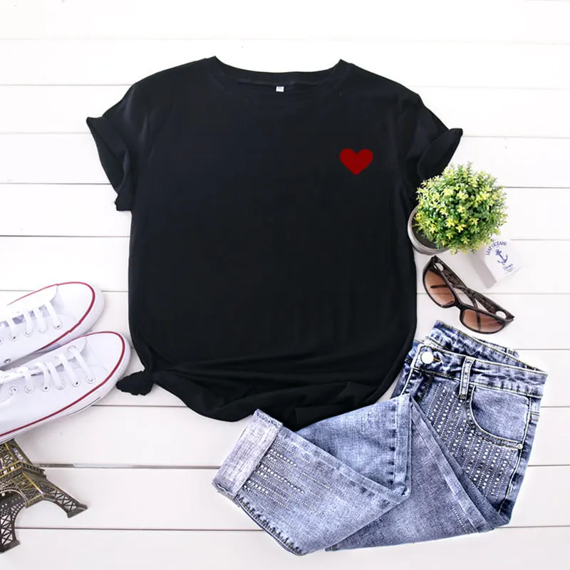 Summer Cotton Women's Heart Print T-shirt Xs-4xl Oversized Short Sleeve T-Shirt Top Casual Simple Round Neck Women's T-shirt